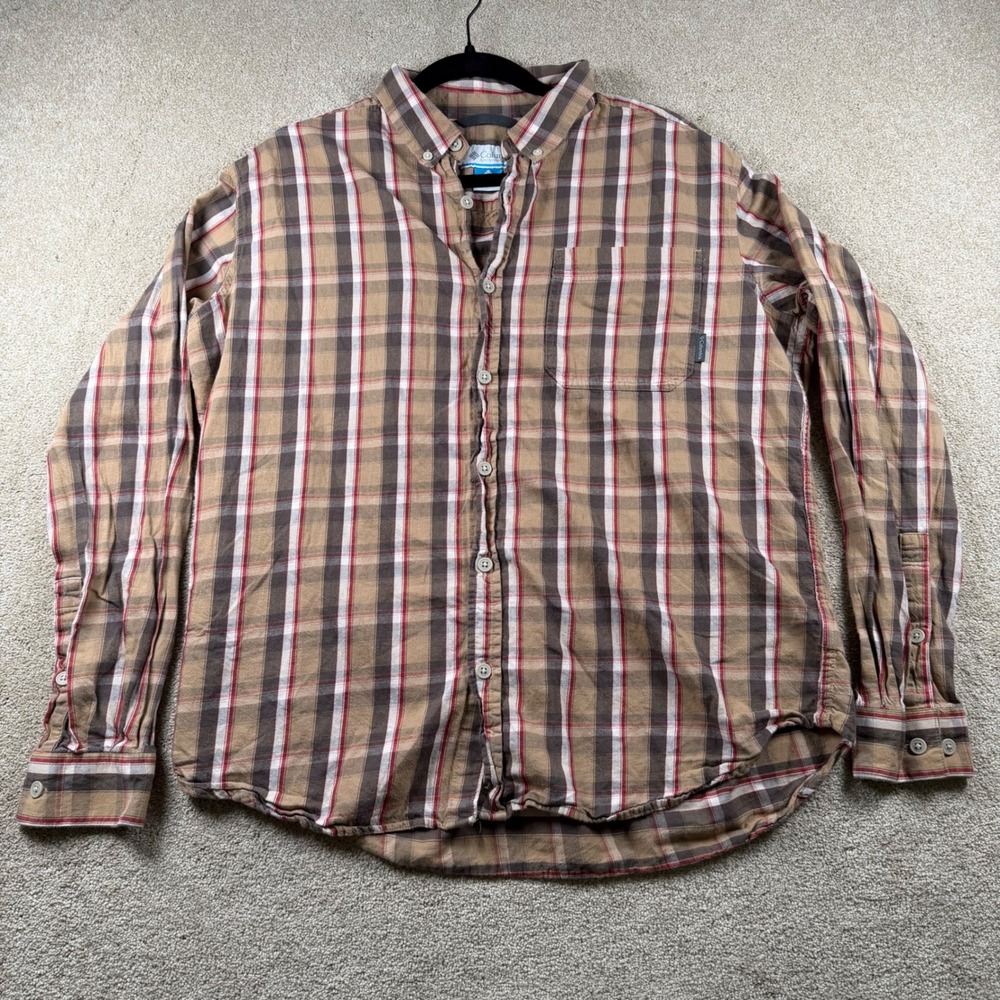 Columbia Sportswear Mens Large Brown Tan Red Plaid Long Sleeve Button Down Shirt